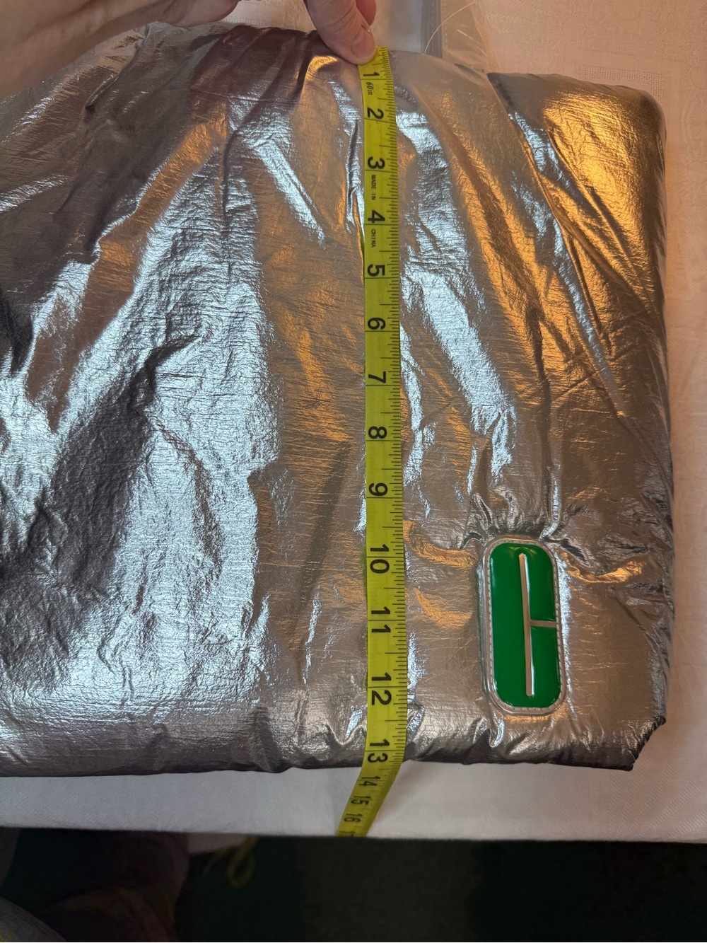 CLINIQUE PUFFY SILVER TOTE BAG WITH GREEN INSIDE LINING - Picture 7 of 10